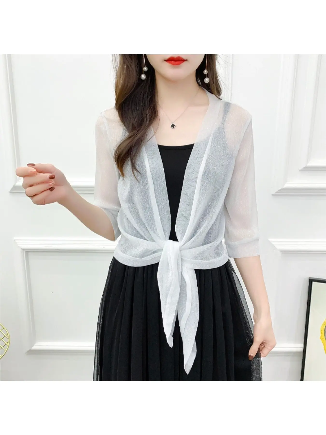 Gold and Silver Thread Shawl for Women - Summer Fairy-Like Netted Small Jacket, Outerwear, Simple Minimalist Fitted Cardigan, Short-Sleeved Korean Style Bohemian Boho Women's Small Shawl, Womenswear