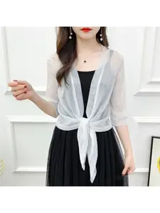 Gold and Silver Thread Shawl for Women - Summer Fairy-Like Netted Small Jacket, Outerwear, Simple Minimalist Fitted Cardigan, Short-Sleeved Korean Style Bohemian Boho Women's Small Shawl, Womenswear