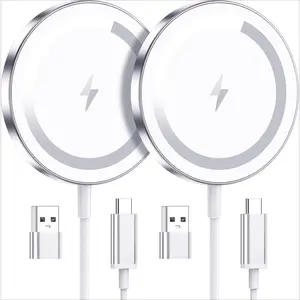3C9-CGR005  for Apple Mag-Safe Charger 2 Pack, Magnetic Wireless Charger for iPhone 16 15 14 13 12 Pro Max Plus mini, 15W Fast Charging Pad, for Airpods 4/3/2/Pro, Strong Magnet, Silver