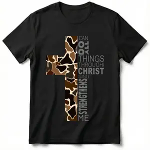 Christian T-Shirt, Camo Cross Design With Philippians 4:13 Verse, Perfect For Faithful Believers And Outdoorsmen