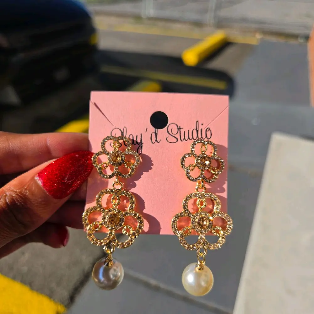 Gold Double Flower Pearl Earrings
