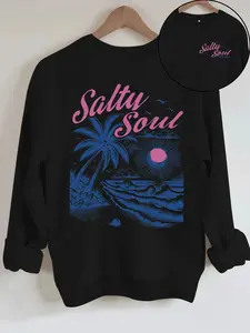 Women's Saltu Soul Beach Sun Print Round Neck Sweatshirt, Casual Loose Fit Pullover, All-Season Comfort, Easy Care Fabric