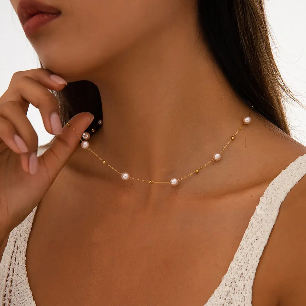 Gold-Plated Choker Necklace for Women, Dainty Y Lariat Chain with Artificial Pearl and Geometric Bar, Stylish Casual Alloy Jewelry Gift, Stylish Accessories, Beaded Necklaces, Daily, Female