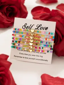 Valentine's Day Bracelet Set, Heart Charm Bracelet, Colorful Beaded Heart Design, Layered Stackable Jewelry, Perfect Gift for Loved Ones, Festival Accessory