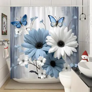 Blue And White Floral Butterfly Shower Curtain Featuring a Sophisticated Nature Theme with Bright Flowers Set Against a Soft Gray Backdrop, with 12 Hooks