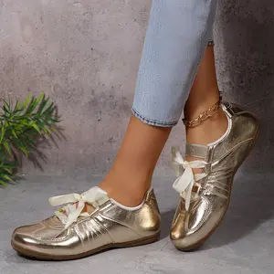 Women's Sneakers Glitter Metallic Lace-up Sneakers Satin Bow Accent Casual Indoor Outdoor Shoes