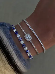 Three-Piece Tennis Bracelet Set, Modern Evil Eye Design, Sparkling Rhinestones, Elastic Fit, Stretchy Bracelet Set, Punk Minimalist Style, Perfect for Daily Wear and Party Gifts, Gothic Jewelry, Matching Bracelets