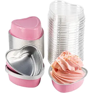 50 Pack Heart Shaped Mini Cake Pans with Lids, Small Disposable Aluminum Foil Cupcake Loaf Pans, Baking Cup Cake Tin Mold for Valentine's Mother's Day Wedding Party Birthdays (Pink, 3.4oz/100ml)