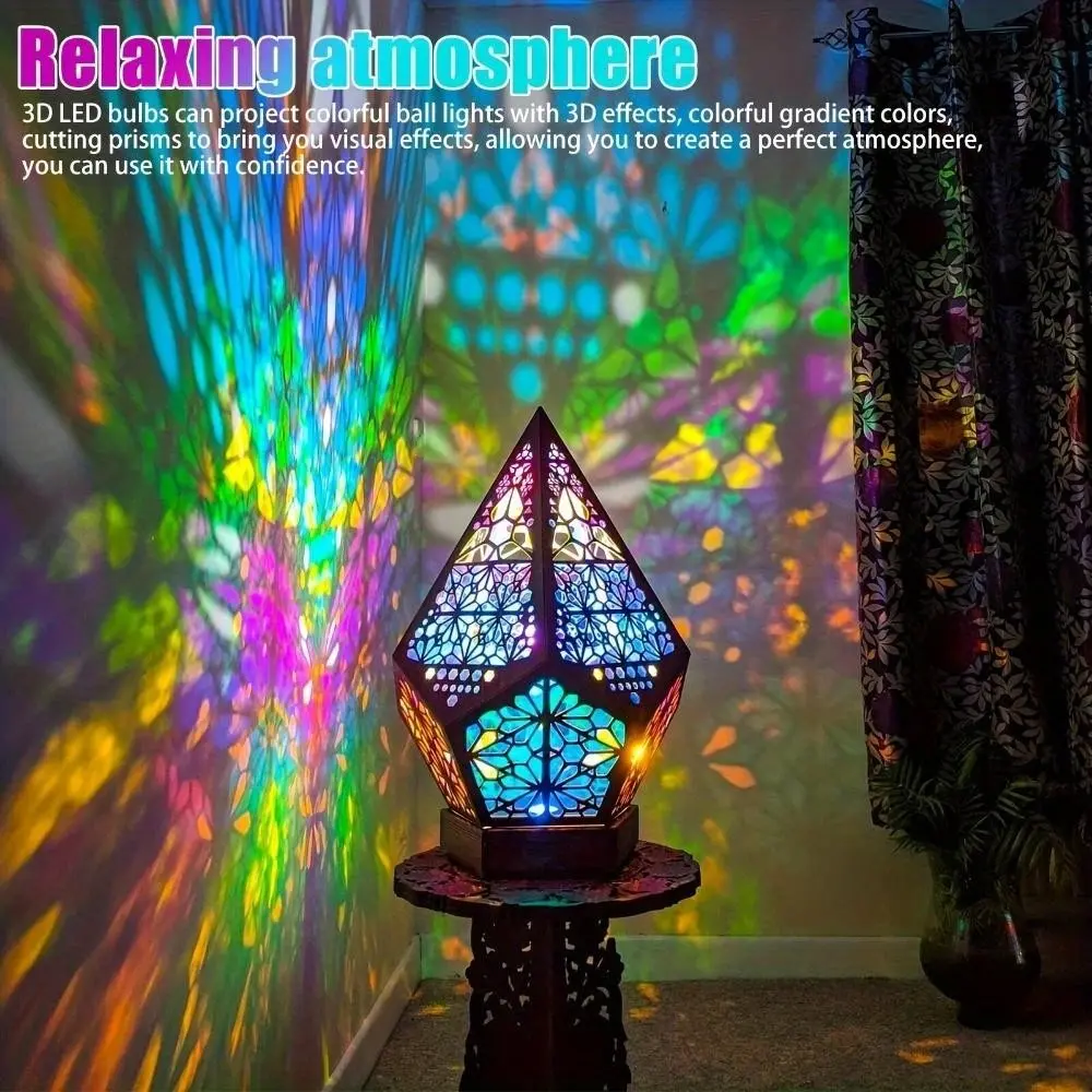 Wooden Bohemian LED Bedside Lamp, Arctic Star Sky Projection, Hollow Geometric Colorful Light, USB Rechargeable 3D Night Light, Decorative Led Light, Decorative Lighting, Home Decor