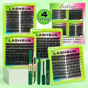 4 Styles Cat/Doll Lash Clusters Kit, Individual Lash Clusters, WaterProof Lashes Eyelash Clusters Extensions with Bond&Seal Remover Tweezers for Beginners, DIY at Home, Diy False Eyelashes, Soft Comfortable Natural Look for Makeup Daily Life