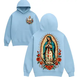Virgen de Guadalupe Hoodie, Our Lady of Guadalupe Virgin Mary Double-Sided Printed Hooded Sweatshirt, Mexican Catholic Faith Gift for Men for Women, Made in USA