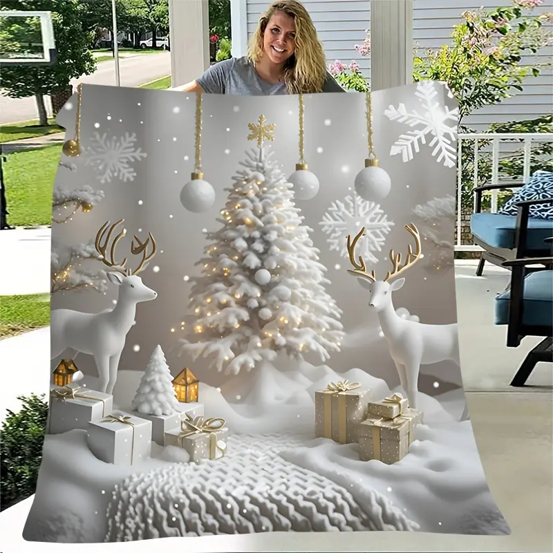 Classical Christmas Theme Flannel Bedding Blanket - Deer Print, Christmas Tree Design, All-Seasons Comfort, Cotton-Blend Woven Polyester, Soft, Warm, Machine Washable, Tear-Proof, Stain-Proof, Holiday Decor Animal Accent