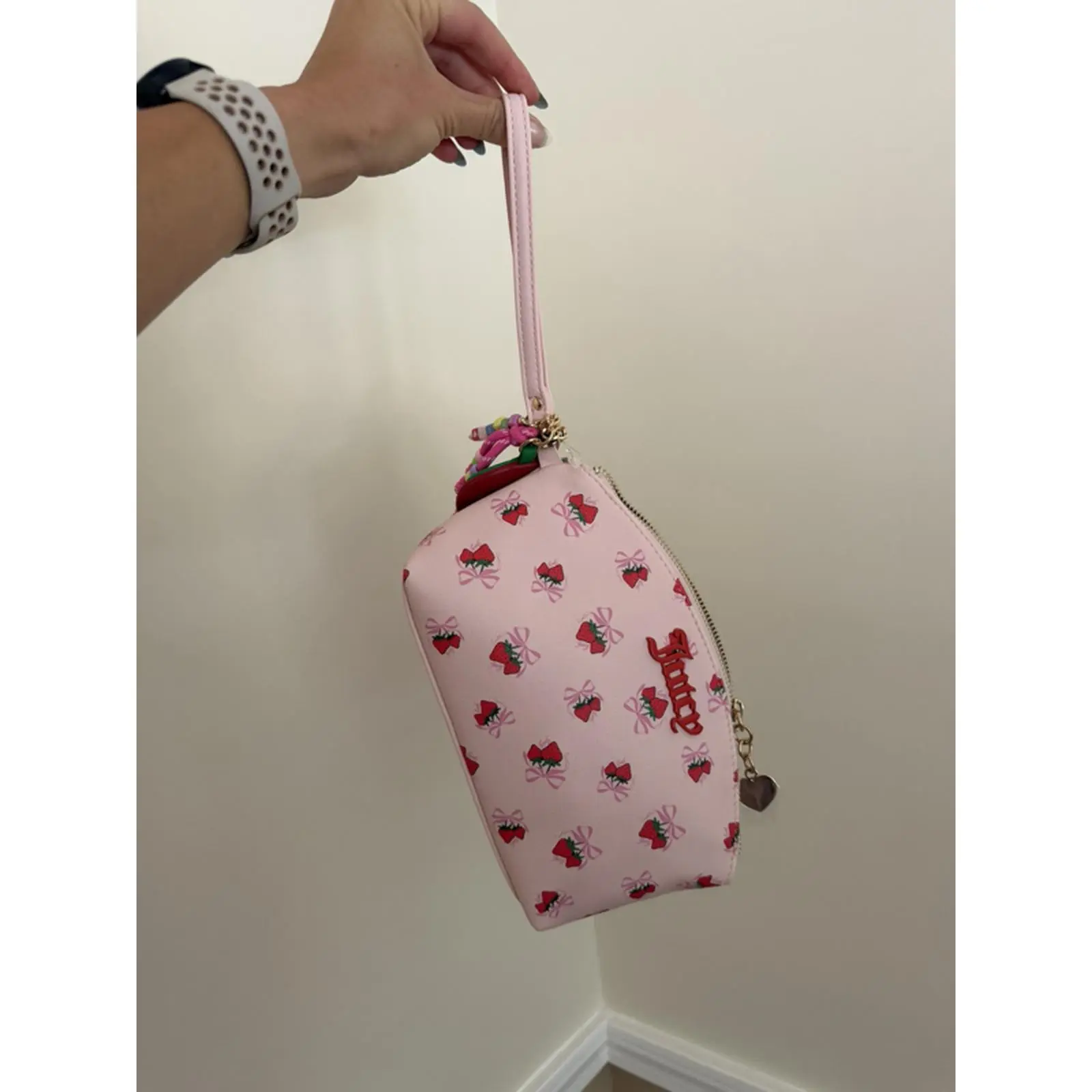 Juicy Coture Wristlet Purse New with Tags and Beaded Keychain - Pink with Red and White Floral Pattern