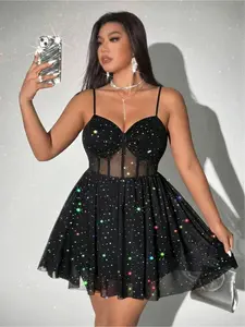 Large size women's dress, elegant, chic and sexy sequined mesh A-line short skirt, suspender dress bridesmaid dress, elastic waist design, suitable for parties and gatherings, very eye-catching