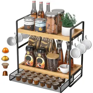 LEMIKKLE Coffee Station Organizer with Pod Holder and Drawer, Kitchen Countertop Organizer, Coffee Bar Accessories Station with Coffee Pod Storage, 2-Tier Wood Coffee Organizer With 6 Hooks