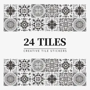 24 pcs/pack, PVC Material Black And White Retro Pattern Self-adhesive Tile Stickers, Retro Style, Creative Home Decor, Waterproof, Oil-proof, Scratch Resistant And Easy To Clean, Suitable For Dining Rooms, Kitchens, Bathrooms, Stairs And Wall Renovations