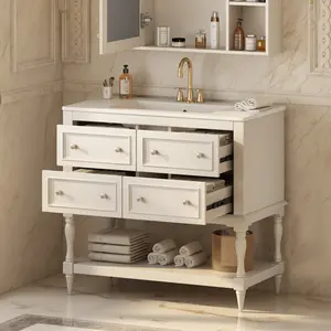 [SOIYELIFE] 36" Beige Bathroom Vanity Set - Solid Wood & MDF Cabinet with Undermount Ceramic Sink & 4 Drawers