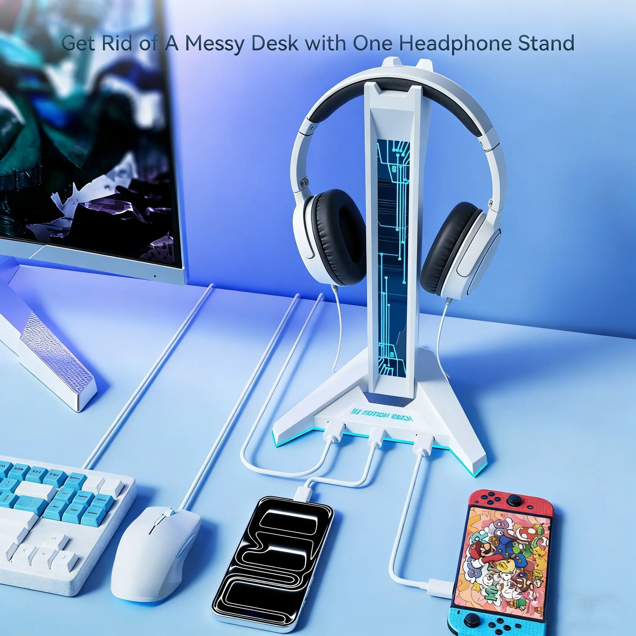 RGB Gaming Headset Stand USB Powered 9 Lighting Modes With 4 USB Ports And 1 Type C Port Compatible With PC PS5 Xbox Ideal Desktop Organizer Perfect Accessory Gift For Gamers Headphone Stand