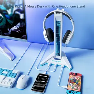 RGB Gaming Headset Stand USB Powered 9 Lighting Modes With 4 USB Ports And 1 Type C Port Compatible With PC PS5 Xbox Ideal Desktop Organizer Perfect Accessory Gift For Gamers Headphone Stand