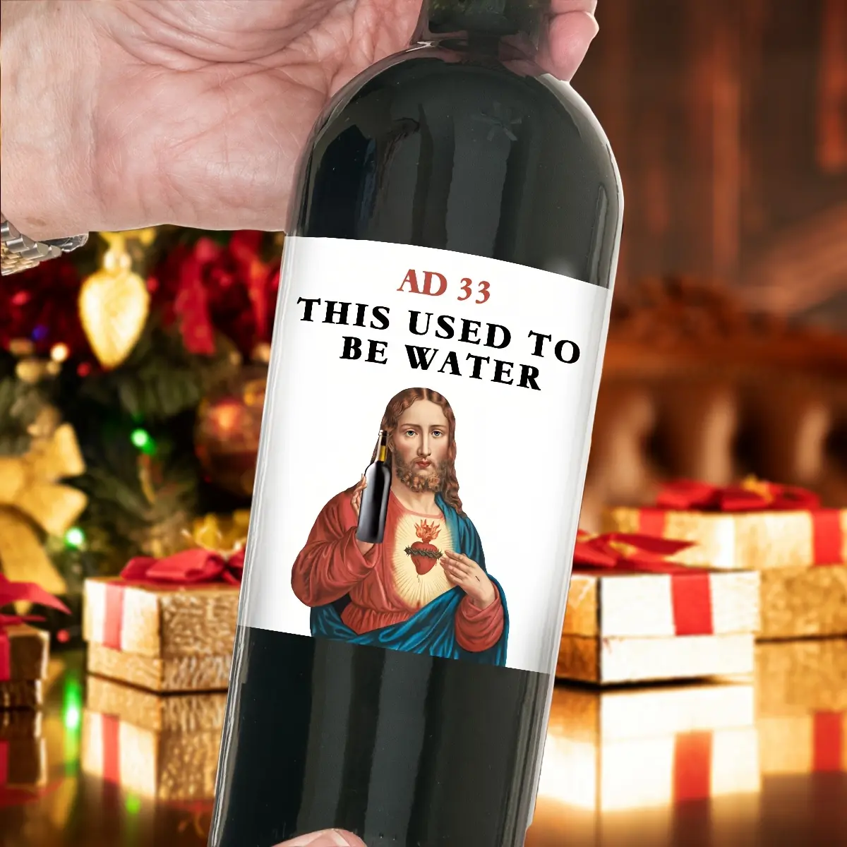 Humorous Wine Bottle Labels, Durable Vinyl Stickers, Religious Design with Christ and Cross, Religious Imagery, Perfect for Christmas, Birthdays, Gifts, Humorous Theme