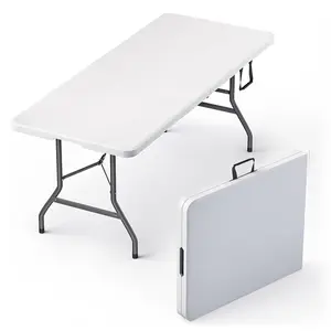 6FT Heavy Duty Folding Table | Portable Fold-in-Half Plastic Dining Table | Indoor Outdoor Picnic, Party, Camping & Wedding Table | 350LB Capacity with Carry Handle | 72 Inch Utility Desk