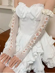 Women's Sexy Hollow Out Satin Bow Lace Gloves, Bridal Lolita Style Thin Sun Protection Arm Sleeves, Summer Fingerless Sunscreen Mittens Fitted