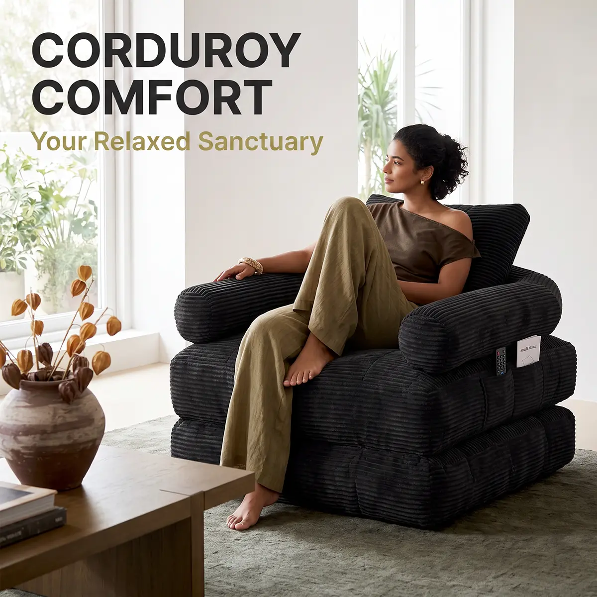 2-in-1 Convertible Corduroy Chair Bed, Ergonomic Lounge Chair with Removable Washable Cover, High-Density Foam Anti-Sagging Floor Sofa for Small Apartment, Vacuum-Compressed Single Couch with Side Pocket & Anti-Slip Base
