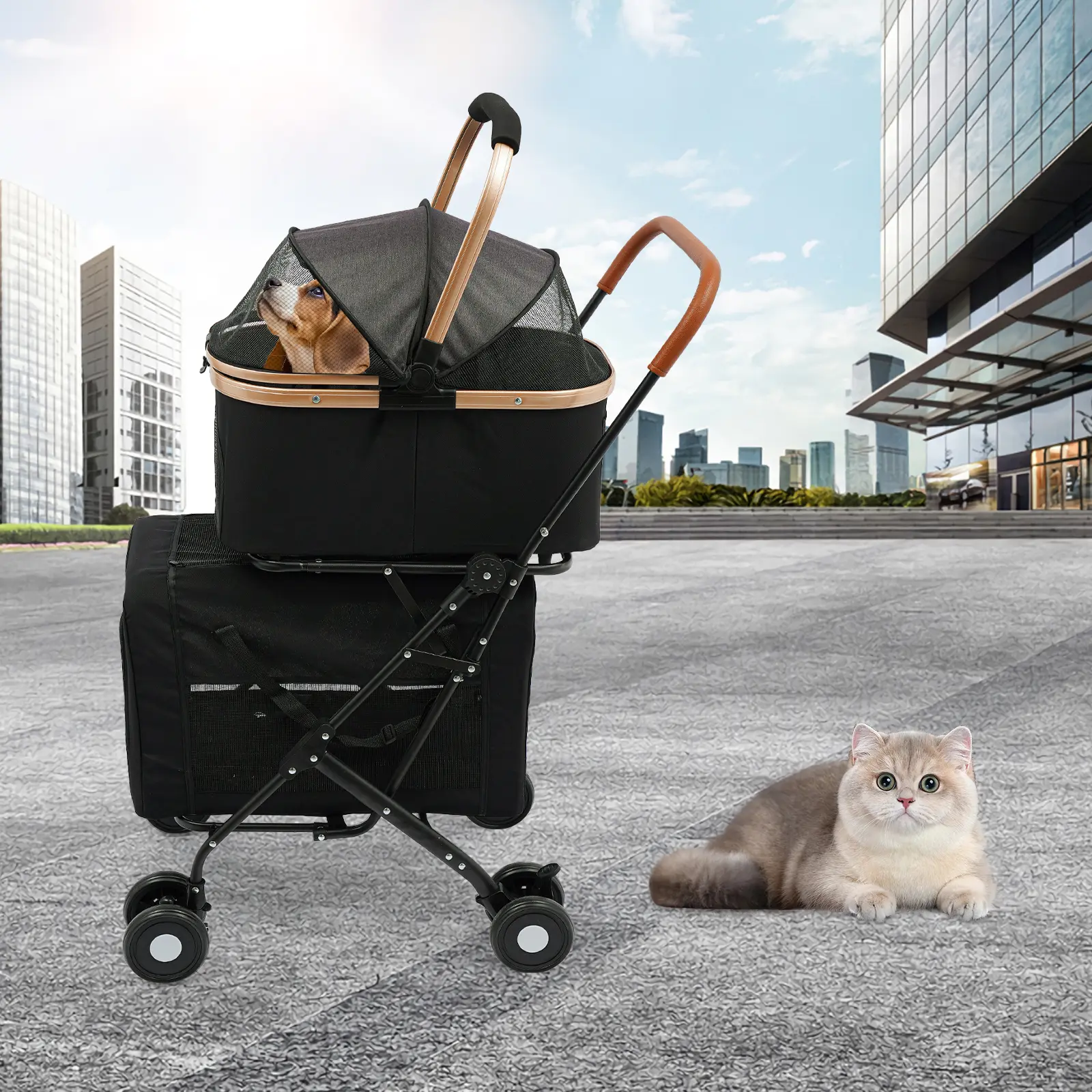 2-Tier Foldable Pet Stroller 35kg/77lbs Steel Oxford Fabric for Multi-Pet Travel Shopping Outdoor Use Mesh Window Safety Belt Rear Wheel Brake