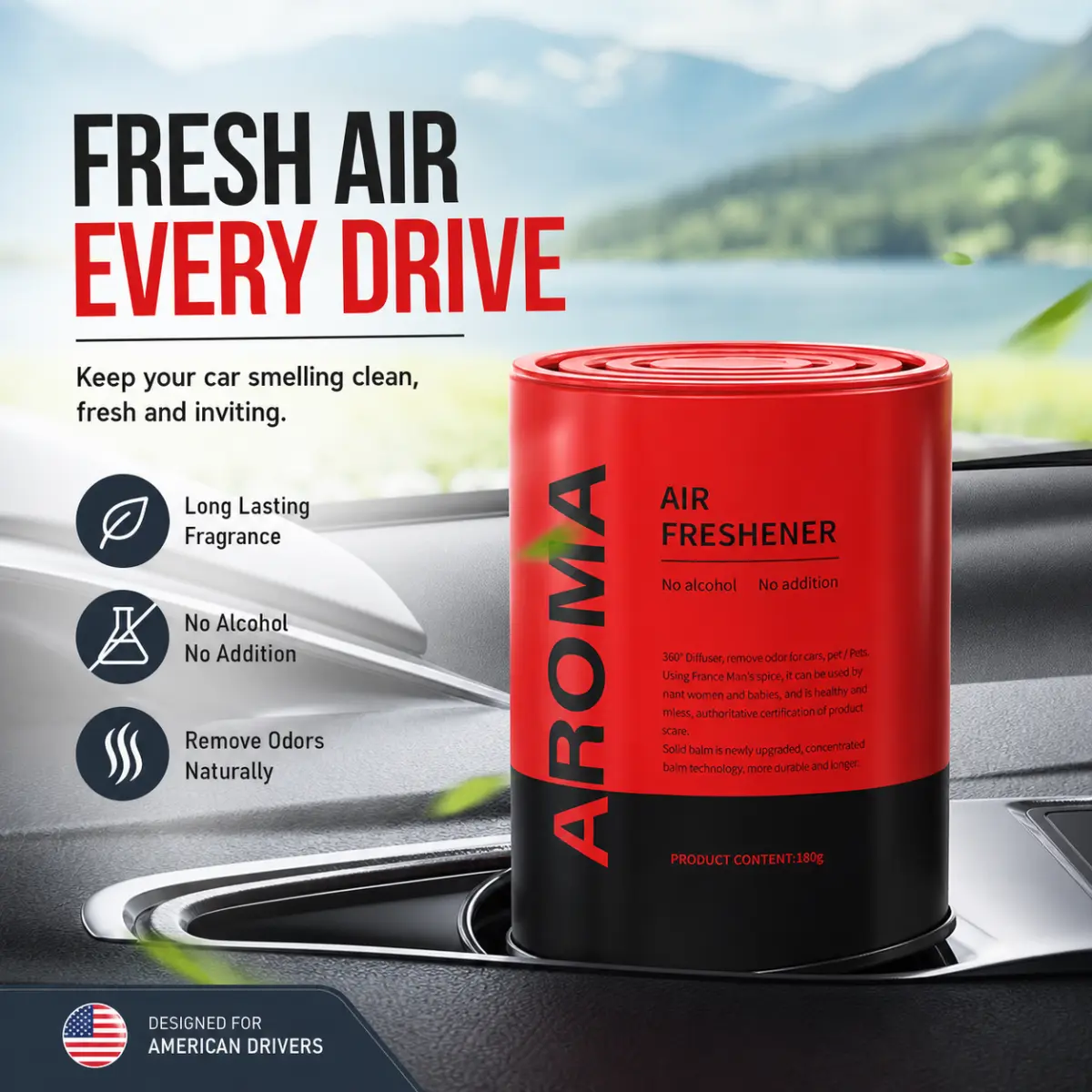 Solid Car Air Freshener - Waterless Car Diffuser, Long-Lasting, No-Spill, Heat-Resistant, Pet & Children-Safe, Botanical Green Tea Metal Can, Aesthetic Automotive Interior Decor Accessory for Guys, Odor Eliminator