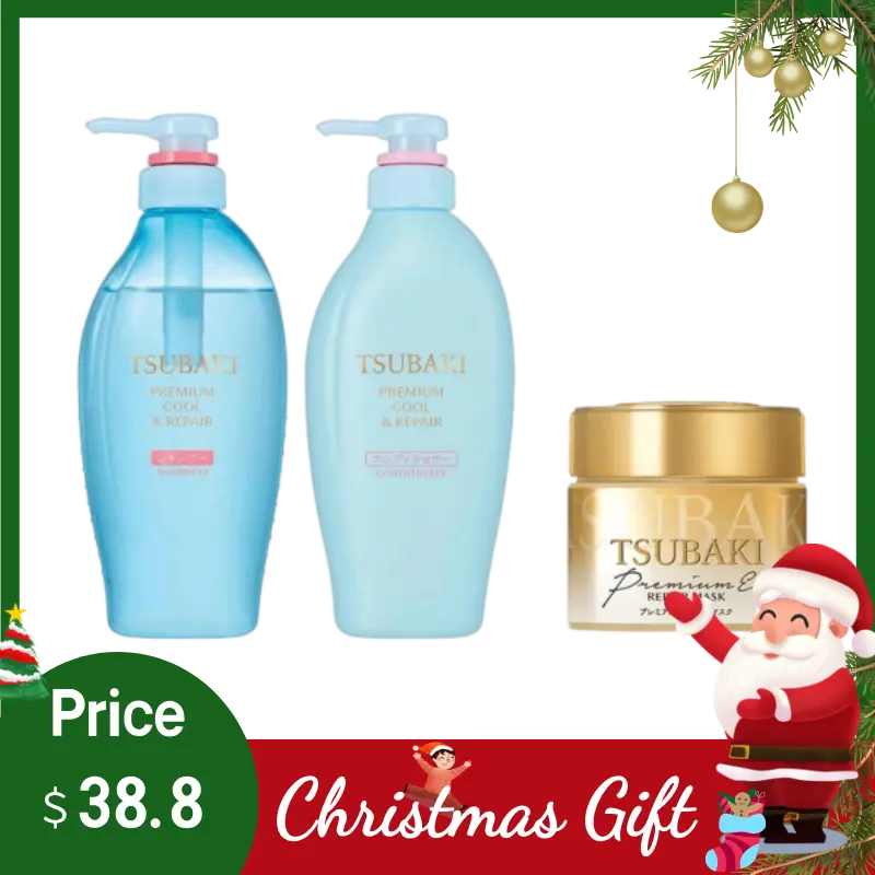 TSUBAKI Blue Premium Cool Hair Shampoo and Conditioner Set 450ml*2+ Premium Repair Hair Mask 180g【Limited Edition】，christmas gift