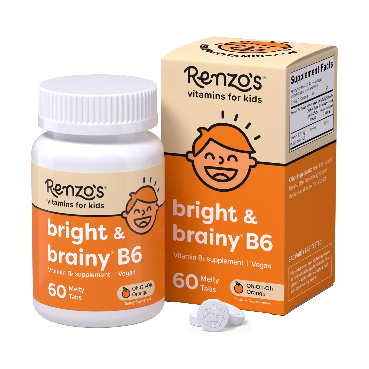 Renzo's Vitamins Bright & Brainy B6 Brain Supporting Meltable Tab Supplement - Vegan, Lactose-Free Kids' Immune & Energy Boosting Dietary Supplement (60 Tabs) by Solara Labs, Gluten-Free, Non-GMO