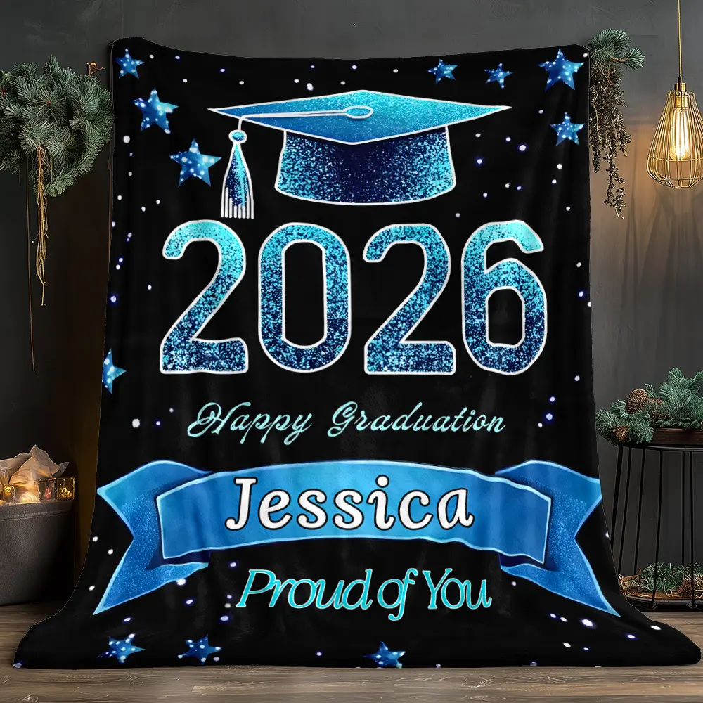 2026 Graduation Celebration Flannel Blanket - Personalized with Name/Text, Vintage Grad Cap & Diploma Designs, Breathable Soft All-Seasons Flannel Fabric Blanket, Home & Travel Graduation Gift for Sofa Use