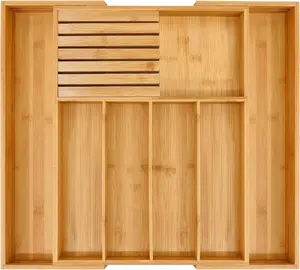 Bamboo Silverware Drawer Organizer Kitchen, Expandable Utensil Holder