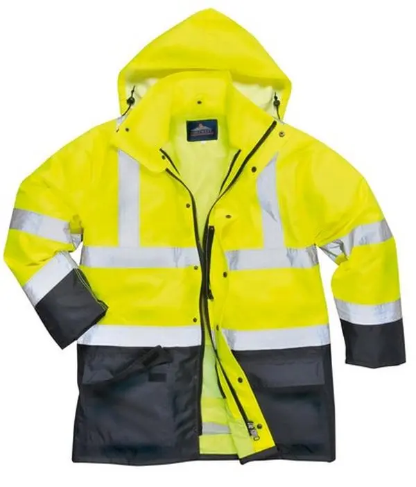 Portwest US768 Large High-Vis 5-in-1 Waterproof Long Sleeve Executive Outdoor Jacket for Workers, Yellow & Black - Regular Fit, Hook and Loop, 1 Cell Phone Pocket Under Storm Flap, 2 Lower Front Patch Pockets, Adjustable Hood, Packable, Printable, Hooded