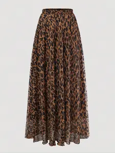 Plus Size Women's Fashion Leopard Print Elastic Waist Chiffon Dress, Casual Long Skirt Set for Dating, Spring & Fall Clothing