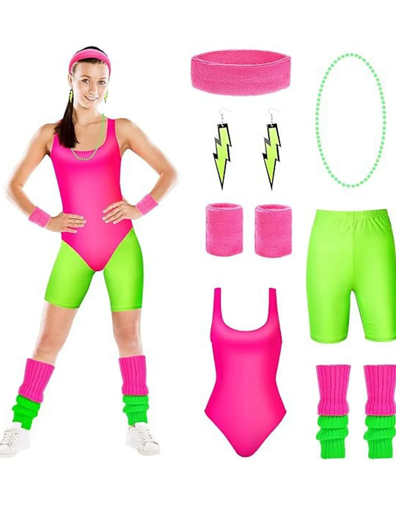 80s Retro Party Costume Set Jumpsuit Leggings Full Outfit Party Dress Accessories