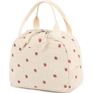 Corduroy Strawberry Lunch Bag for Women and Men - Large Capacity Insulated Tote for Work, Picnics, or Travel