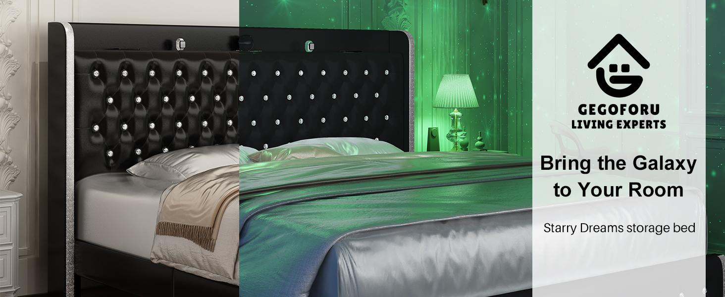 Queen LED Bed Frame with Galaxy Projector, Bluetooth Speakers, 4 Storage Drawers, PU Leather Upholstered – Smart RGB Light Bed for Gaming & Bedroom Decor | Cama LED Queen