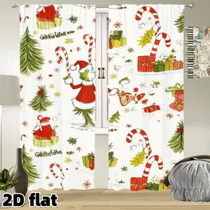 2D Flat 2Pcs Christmas Holiday Theme Window Curtains, Santa Candy Cane Pine Tree Printed, Rod Pocket Style, Semi Light Filtering Polyester Fabric, Festive Living Room Bedroom Kitchen Home Decor, Winter Gift Season Panel