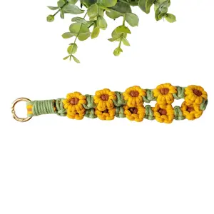 Green and Sunflower Yellow Flower Macrame Wristlet Keychain