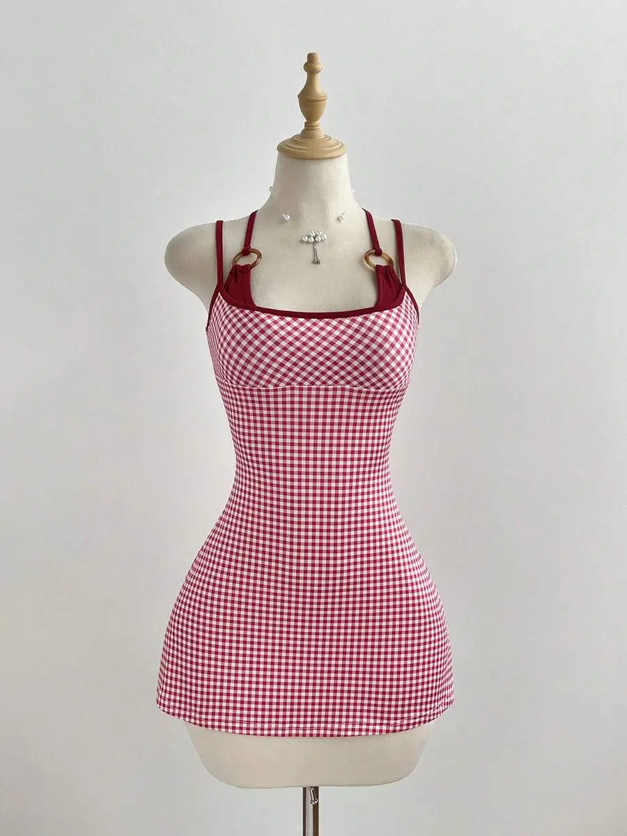 Elamini x Women's Minimalist Solid Plaid Print 2 In 1 Mini Dress