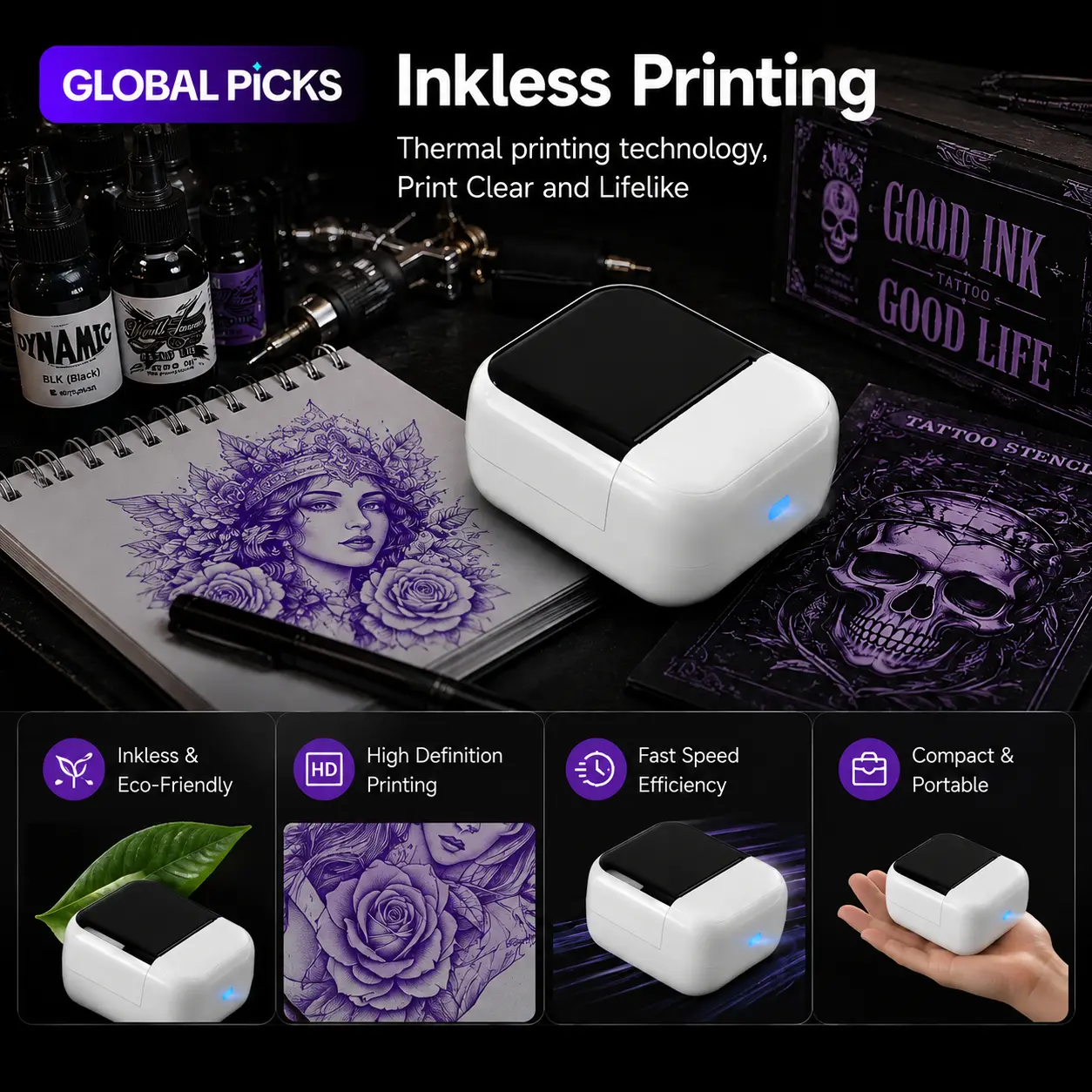 Compact Wireless Inkless Thermal Tattoo Stencil Printer - Mini Bluetooth Portable Label Printer for Tattoo Artists, Fast Inkless Print Tool Compatible with Transfer Paper for Accurate On-the-Go Design Creation