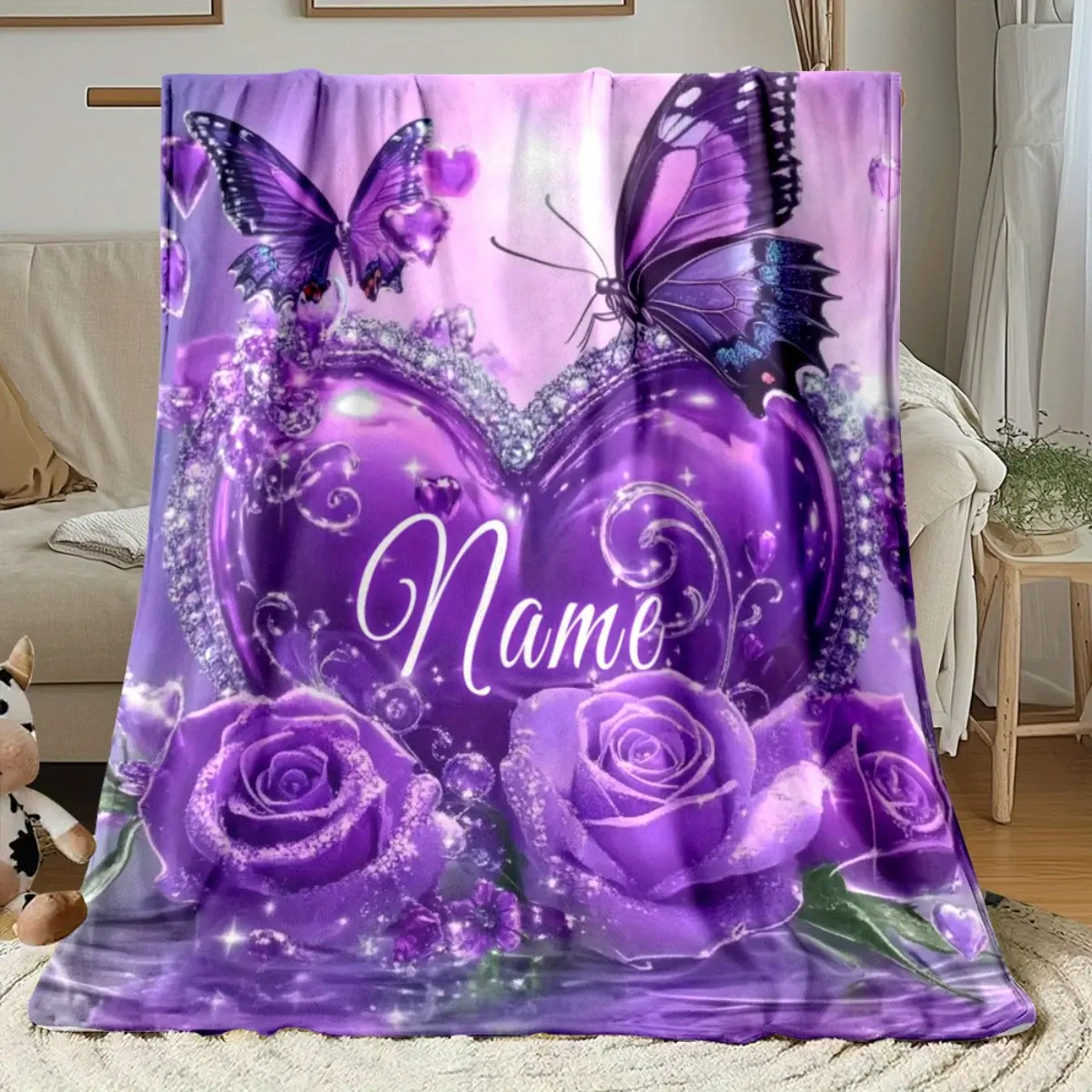 Personalized Purple Heart & Butterfly Print Throw Blanket, Custom Name Romantic Floral Themed Cozy Blanket, Soft Fluffy Lightweight Blanket for All Seasons, Anti-Pilling Washable Decorative Blanket
