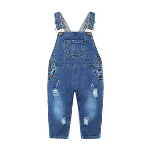 KIDSCOOL SPACE, 24M-3T Toddler Baby Girl Ripped Denim Overalls, Snap Crotch Metal Buttons Casual Daily Outfit