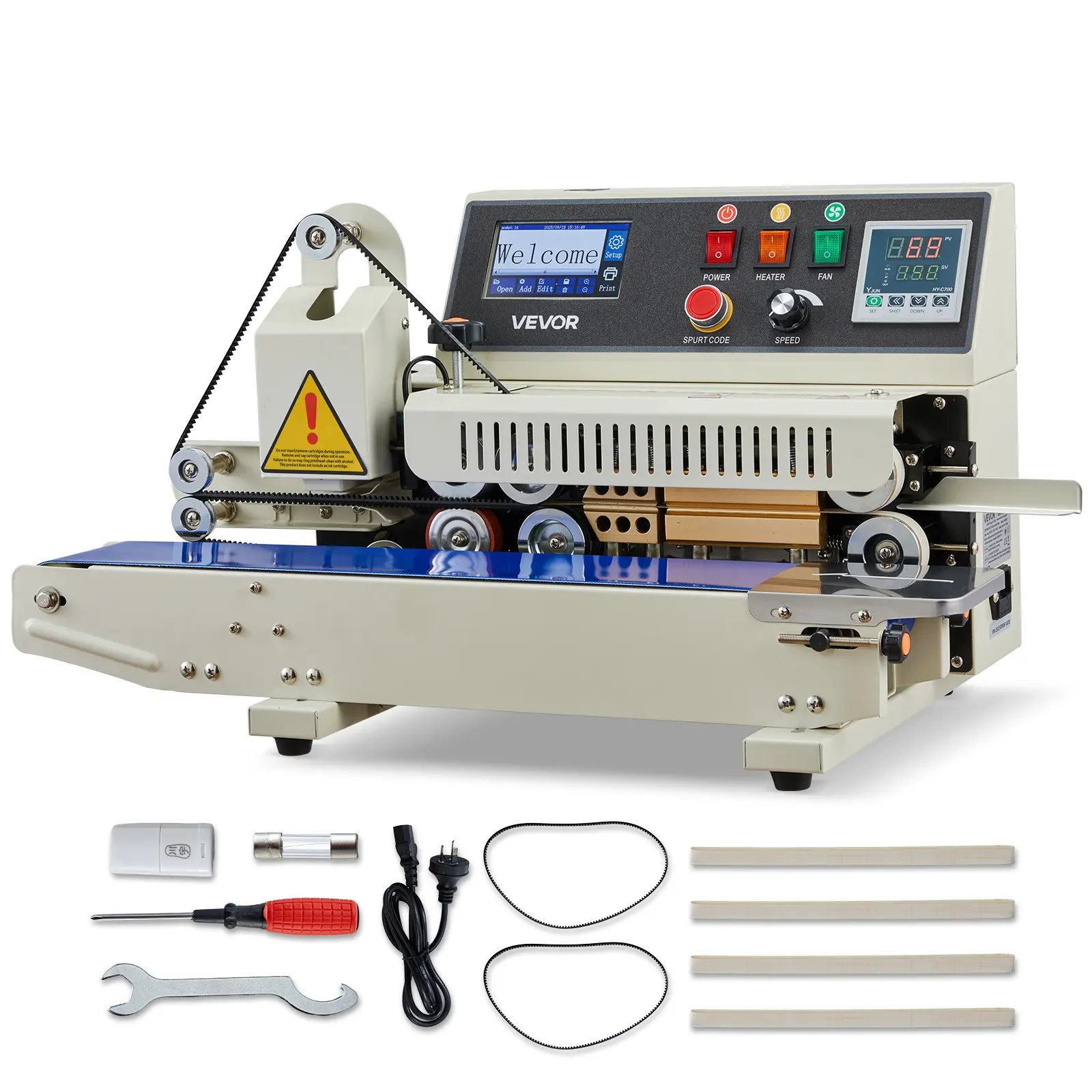 VEVOR Continuous Bag Band Sealing Machine, 0.24-0.47 in Seal Width, Horizontal Band Sealer Machine with Ink Printing, Temp & Speed Adjustable, Heat Sealing Machine for 0.001-0.03 in Plastic Bags