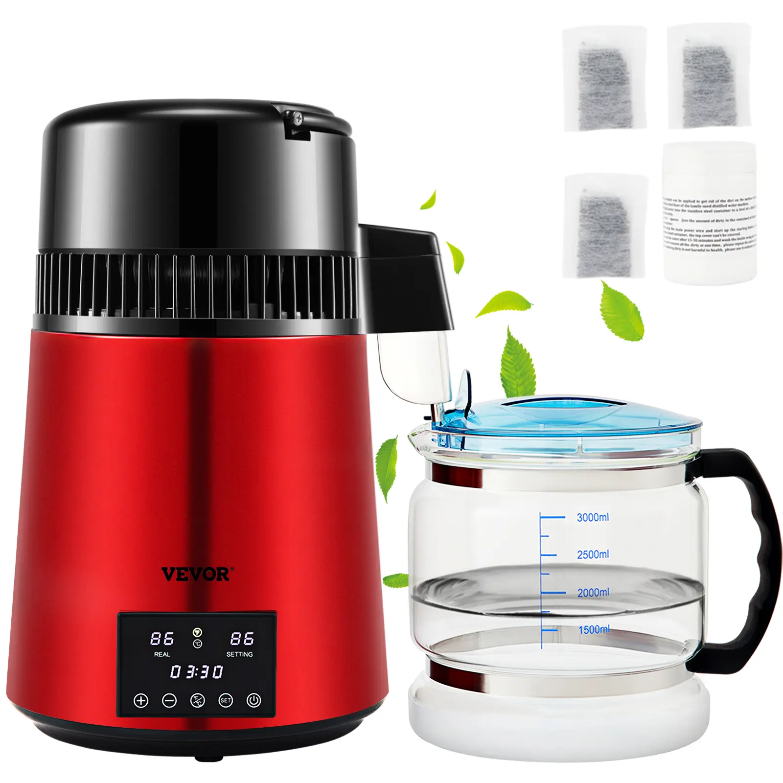【summerfinds】VEVOR 1.1Gal 750W Water Distiller - 0.3Gal/H Distilled Water Maker, 0-99H Timing, Dual Temp Display, 304 Stainless Steel Countertop Unit with Glass Carafe, 3 Carbon Packs & Cleaning Powder (Red, Father's Day Gift)