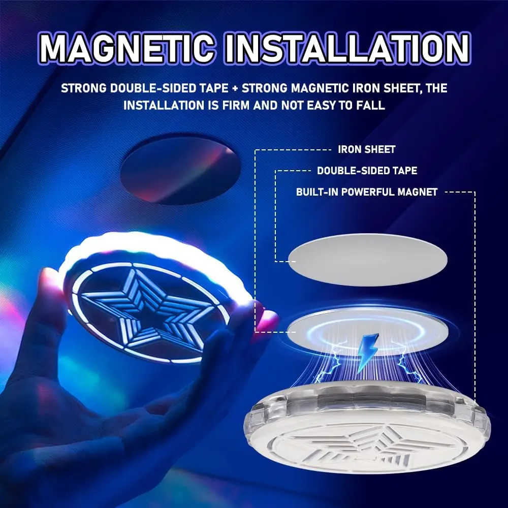 USB Rechargeable Car Ceiling LED Light - Voice Activated RGB Strobe DJ Atmosphere Lamp with 6 Modes, Magnetic, Soft, Built-in Powerful Magnet, Double-Sided Tape for Car & Room Party, Car Roof Lights, Multifunctional Car Led