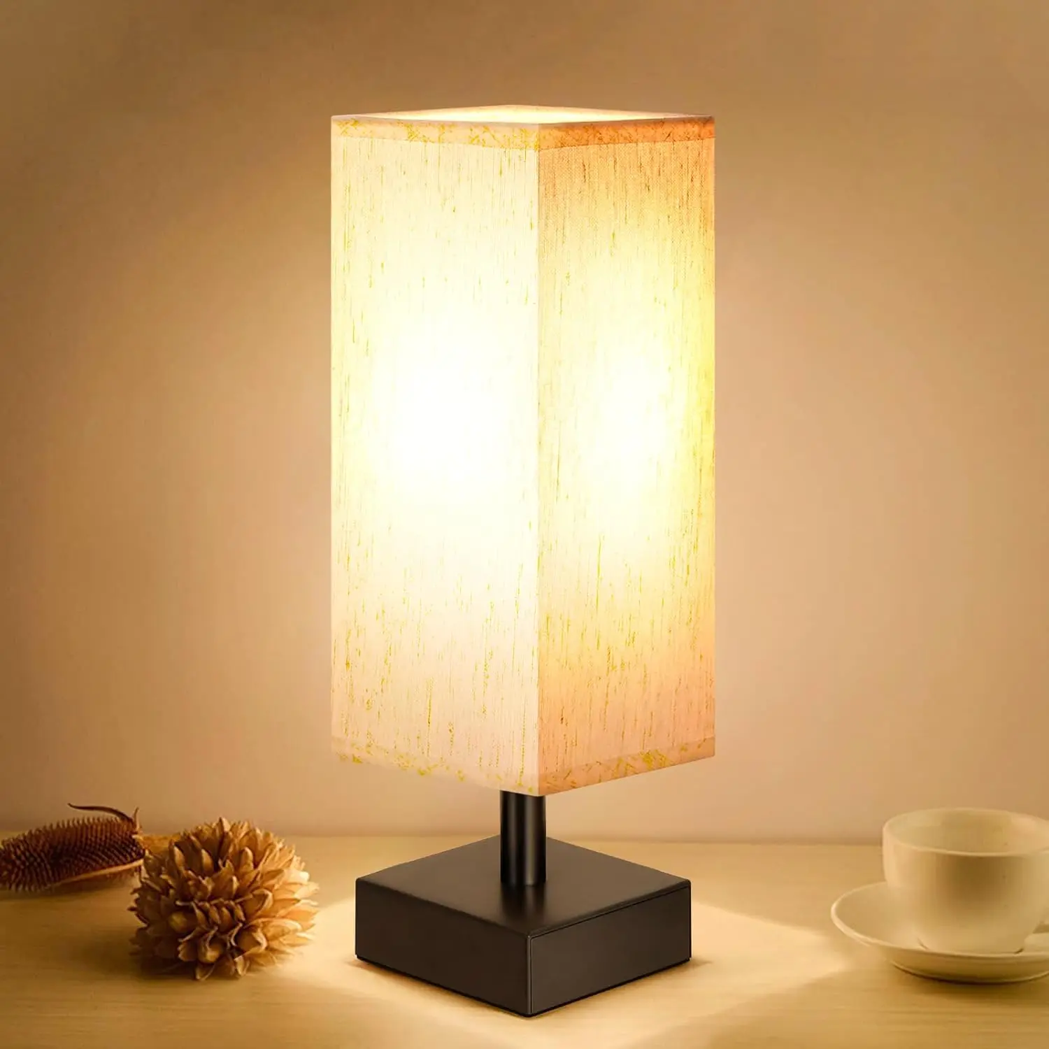 2PCS-Small Table Lamp for Bedroom - Bedside Lamps for Nightstand, Minimalist Night Stand Light Lamp with Square Fabric Shade, Desk Reading Lamp for Kids Room Living Room Office Dorm