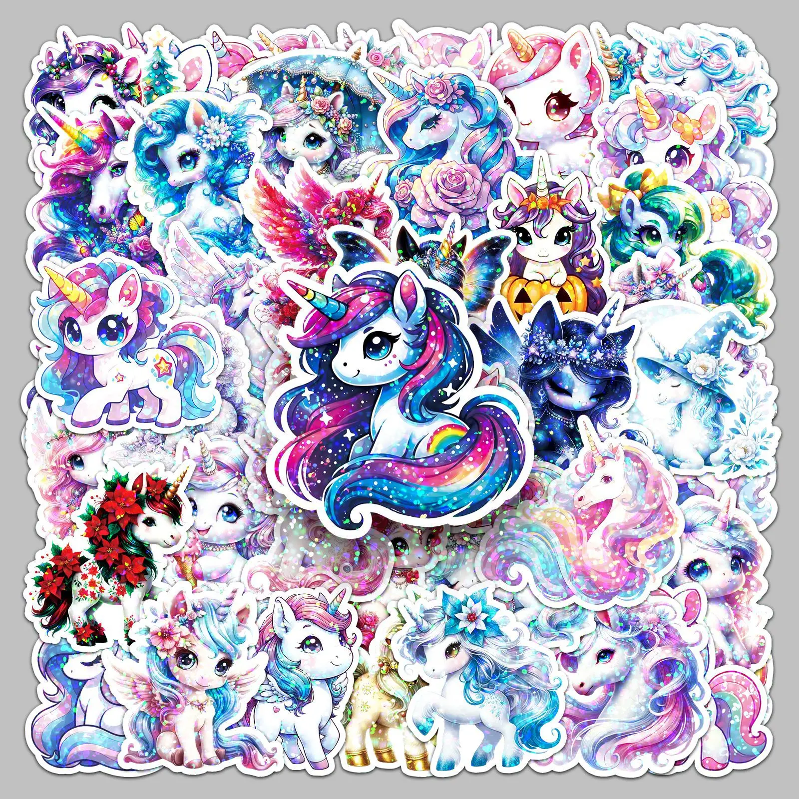 50pcs Laser Holographic Unicorn Rainbow Horse Series Stickers, Universal Car Sticker, Truck Decals, Decals for vehicles, Car Vehicle Decoration, Cool Car Decoration, Suitable for Scrapbooks, Cars, As Gifts