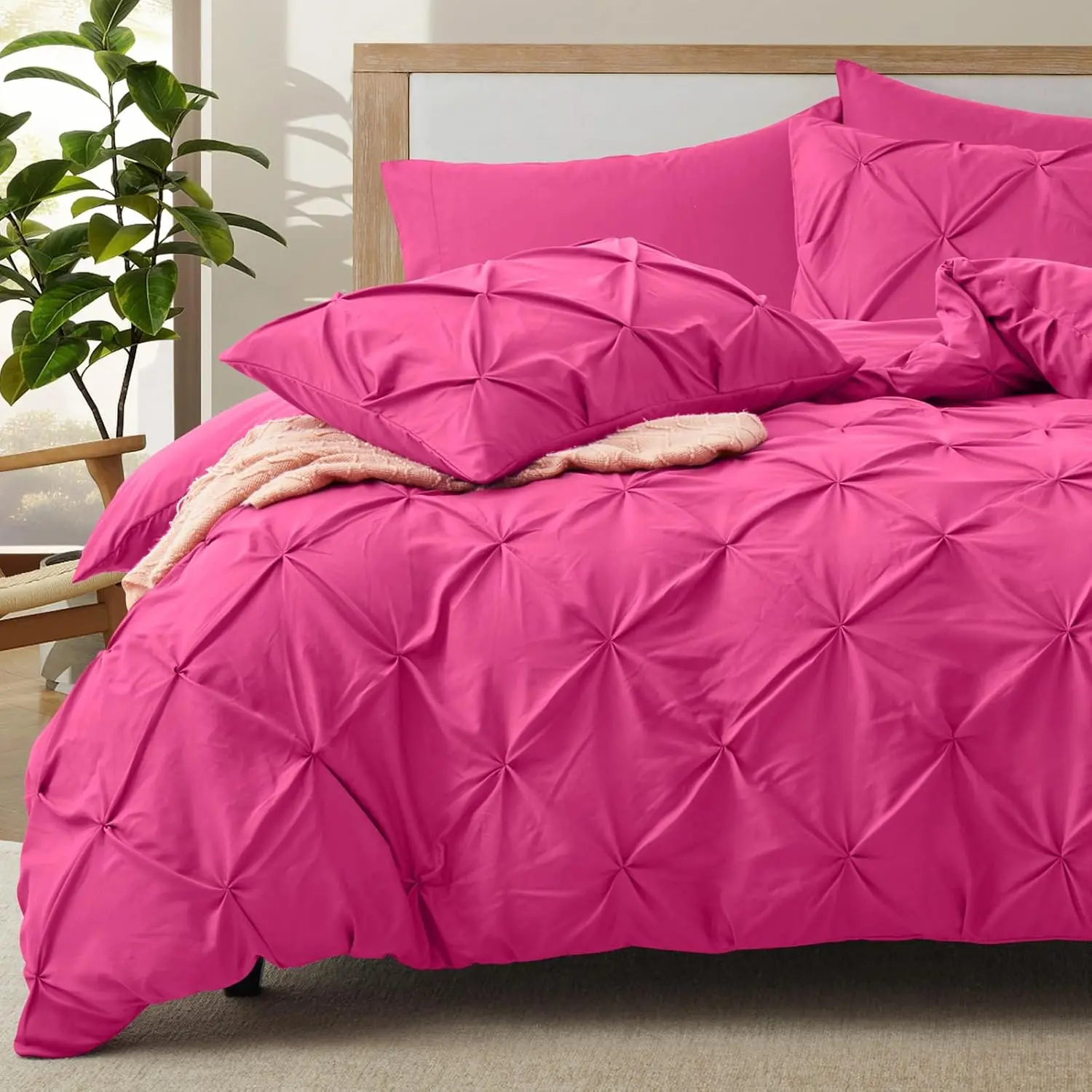 5 count Pinch Pleated Duvet Cover  Size Set, No Comforter, Hot Pink Pintuck Duvet Cover with Zipper & 8 Ties, Shabby Chic & Microfiber, 2 Pillow Shams, 2 Pillowcases